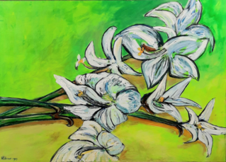 Acryl schilderij op doek Maya Wildevuur (1944-2023), Lelies, 1997